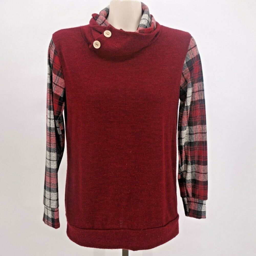 7th Ray Maroon Red Plaid Button Cowl Neck Boutique Shirt Small